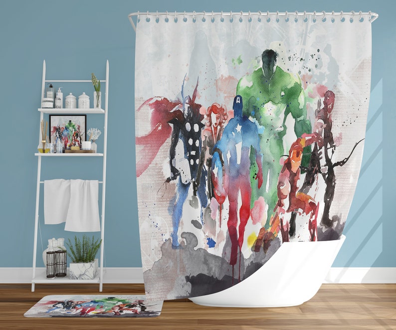 Super Heroes Shower Curtain, Bathroom Decor, Funny Shower Curtain, Comic Artwork, Quirky Bathroom Decor, Kids Watercolor image 3