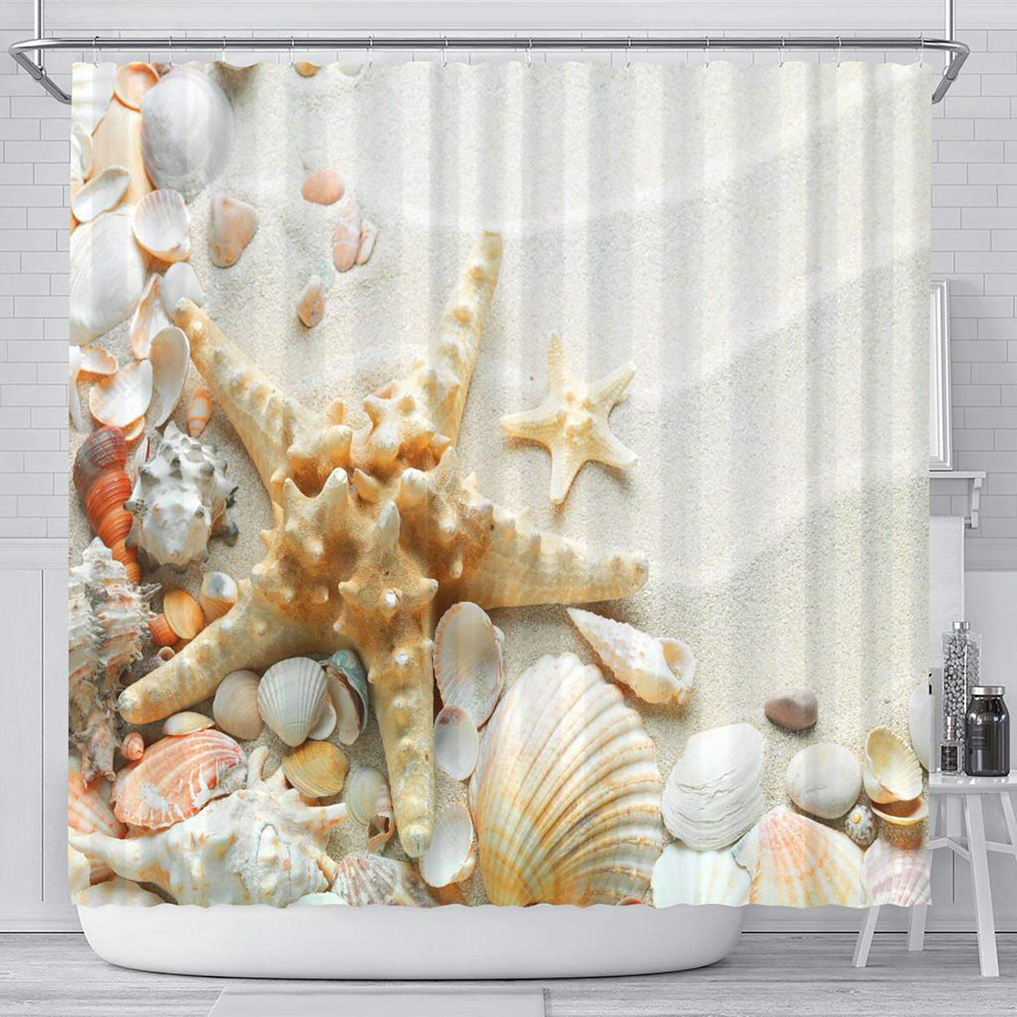Buy Seashells Shower Curtain, Bathroom Decor, Starfish Clam Shell, Home  Decoration Artwork, Bath Tub Decor, Tropical Beach Sand Online in India 