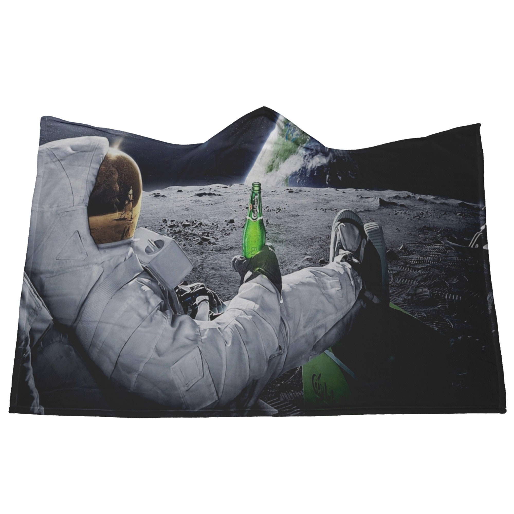 Beer Drinking Astronaut Hooded Blanket, Adult and Small Sizes, Soft Fleece Blanket with a Hood, Man Cave Throw