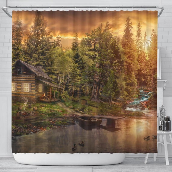 Cabin in the Woods Shower Curtain, Bathroom Decor, Forest Sunset