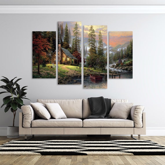 The Fishing Cabin Multi Panel Canvas Set, Forest Lake House Decor Picture,  Smokey Mountain Nature Scenery, Home Decoration Office Wall Art -   Canada