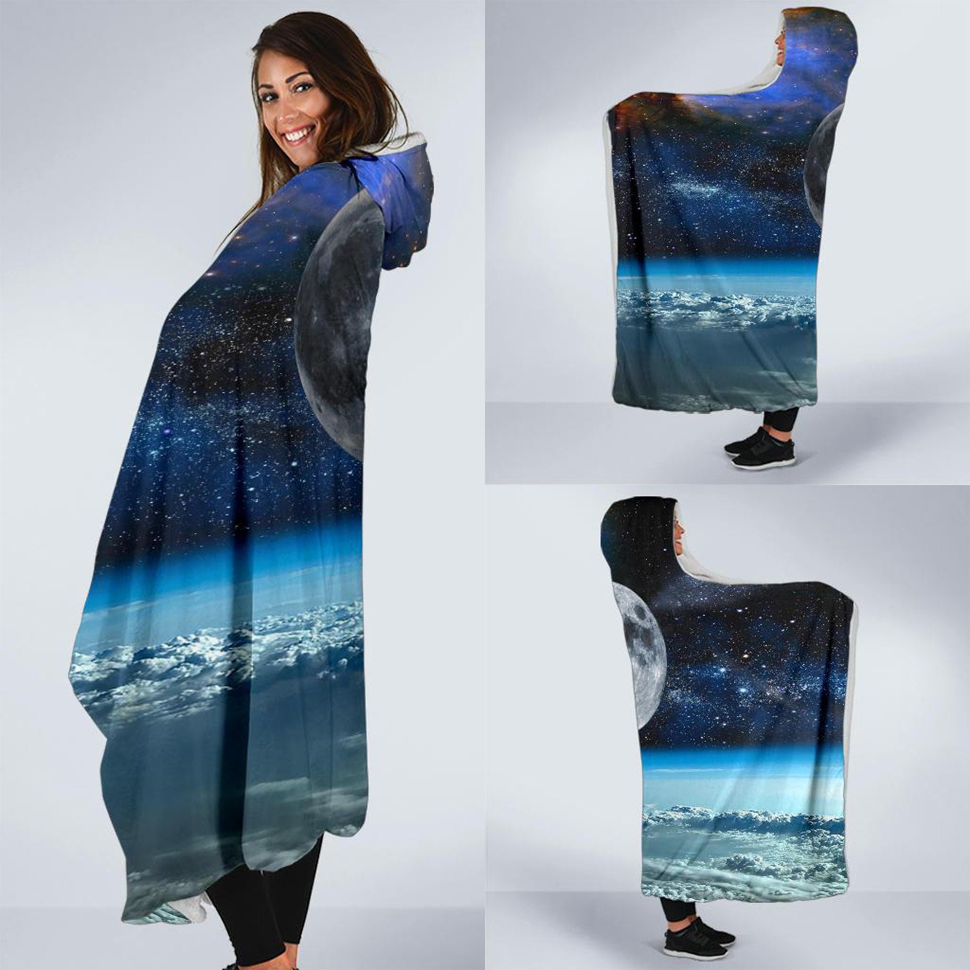 Satellite View Hooded Blanket, Adult and Youth Sizes, Soft Fleece Blanket with a Hood Moon Outer Space Throw