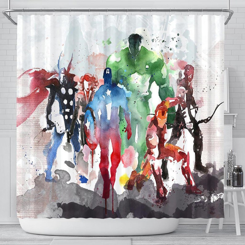 Super Heroes Shower Curtain, Bathroom Decor, Funny Shower Curtain, Comic Artwork, Quirky Bathroom Decor, Kids Watercolor image 1