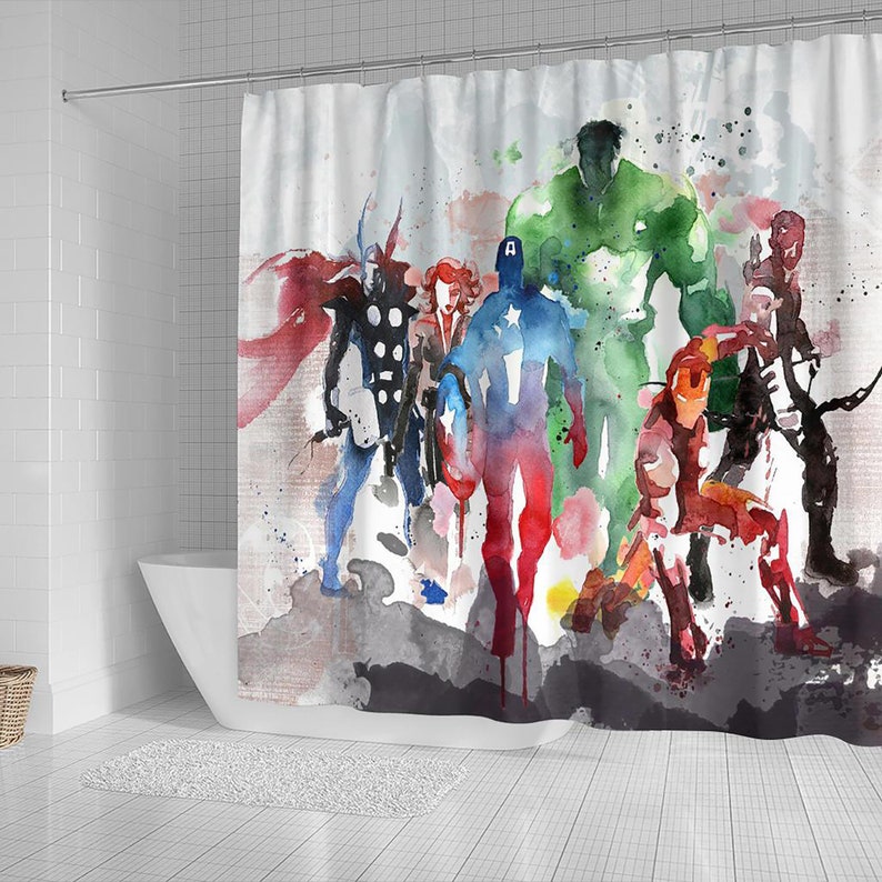 Super Heroes Shower Curtain, Bathroom Decor, Funny Shower Curtain, Comic Artwork, Quirky Bathroom Decor, Kids Watercolor image 2