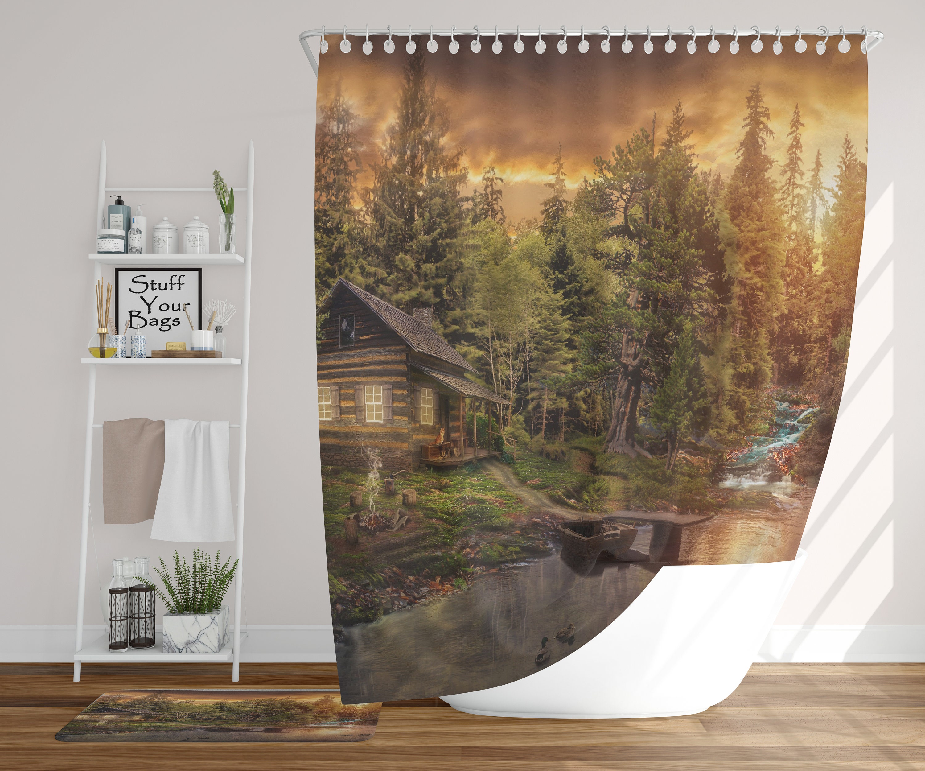 Cabin in the Woods Shower Curtain, Bathroom Decor, Forest Sunset, Fisherman  Home Decoration Artwork, Quirky Bathroom Decor, Fishing Lake -  Israel