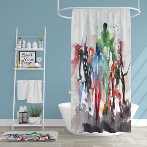 Super Heroes Shower Curtain, Bathroom Decor, Funny Shower Curtain, Comic Artwork, Quirky Bathroom Decor, Kids Watercolor image 4