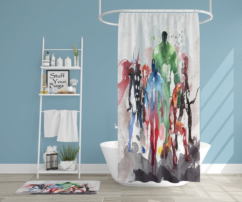 Super Heroes Shower Curtain, Bathroom Decor, Funny Shower Curtain, Comic Artwork, Quirky Bathroom Decor, Kids Watercolor image 4