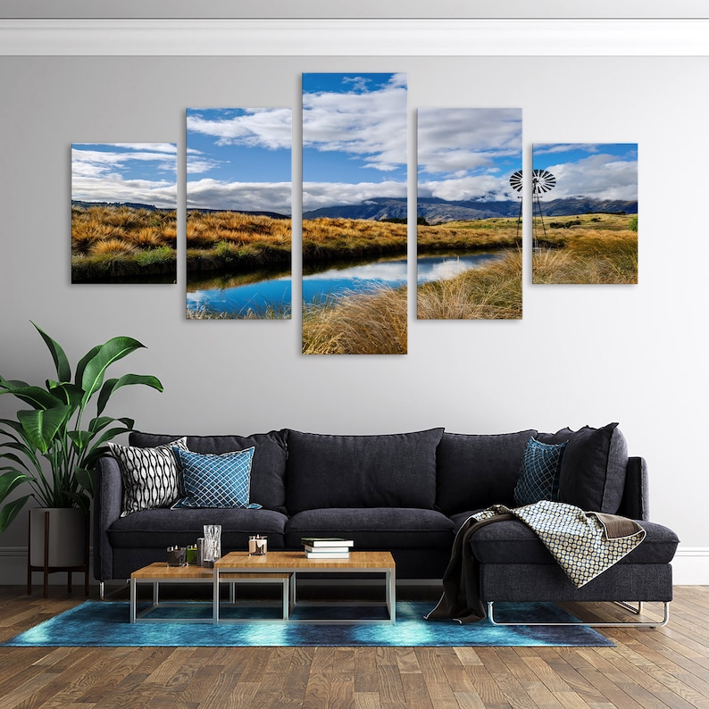 Home Decoration Wall Art Rocky Mountain Countryside House Decor Picture Country Ranch Scenery Watering Hole Multi Panel Canvas Set