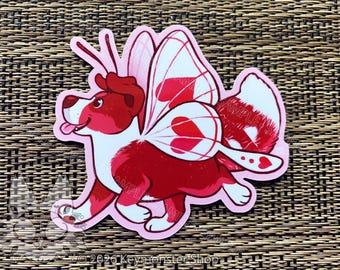 Pegatina de vinilo de cachorro mariposa con corazones