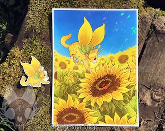 Sunflower Blossom Kitten - Charity Holographic Print & Sticker