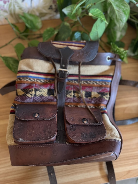 Vintage-Style Leather and Woven Textile Backpack … - image 2