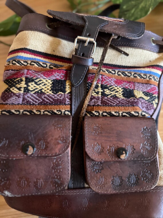 Vintage-Style Leather and Woven Textile Backpack … - image 5