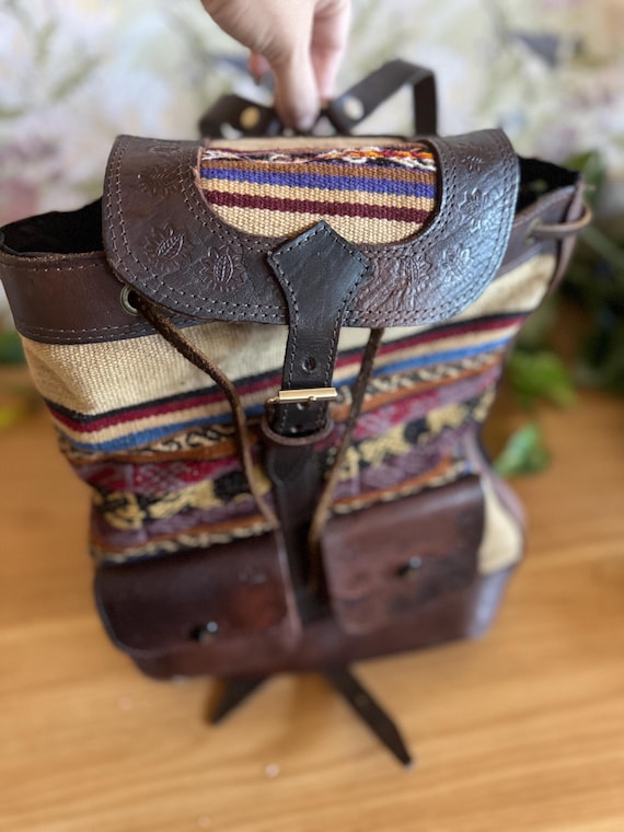 Vintage-Style Leather and Woven Textile Backpack … - image 1