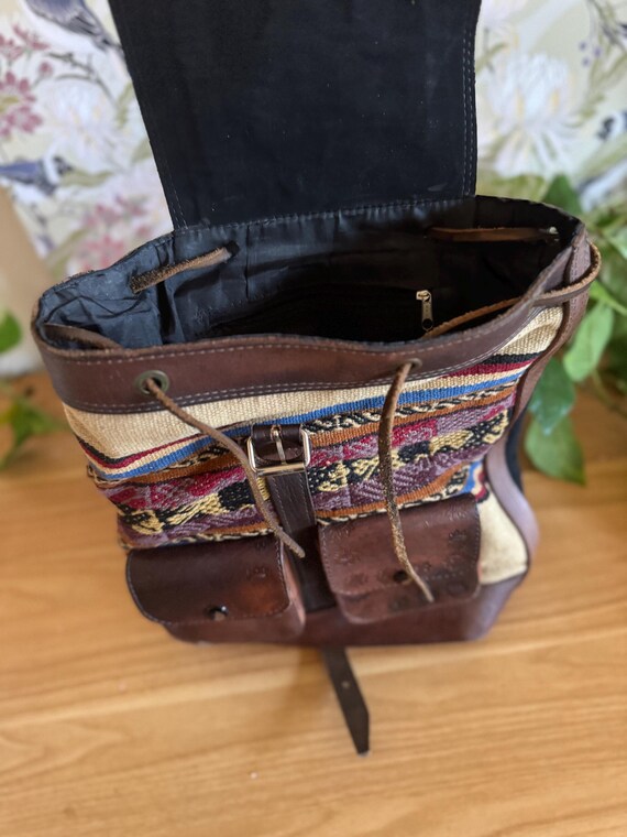 Vintage-Style Leather and Woven Textile Backpack … - image 6