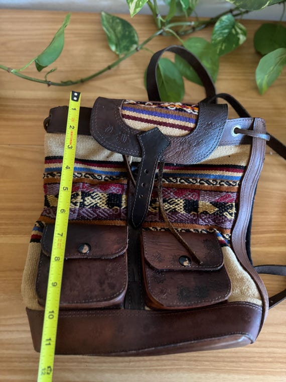 Vintage-Style Leather and Woven Textile Backpack … - image 9