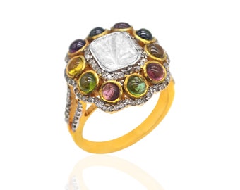 925 Sterling Silver 18k Gold Plated Natural Multicolor Tourmaline Diamond Polki Victorian Vintage Jewlery Handmade Ring Gift EXNO. VO2106