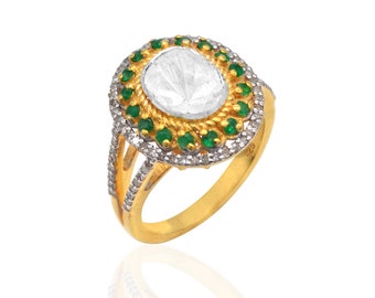 925 Sterling Silver 18k Gold Plated Natural Emerald Pave Diamond Polki Vintage Jewlery Handmade Ring Gift EXNO. VO2107 Shreeji Impex