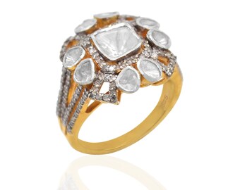 925 Sterling Silver 18k Gold Plated Natural Pave Diamond Polki Vintage Jewlery Handmade Ring Gift EXNO. VO2112 Shreeji Impex