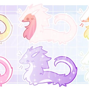 May include: A set of six illustrations of stylised dragons arranged in a grid. The dragons feature various pastel colour gradients, including yellow, pink, white, rainbow, blue, and purple. One blue dragon is marked with a large red X.