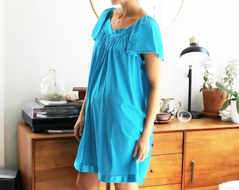 70s Bright Aqua Teal Flowy House Dress Nightie