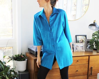 Vibrant Teal Metallic Button Down Top | 1990s Iridescent Blouse