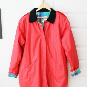 Vintage Bright Red Rain Parka with Plaid Lining