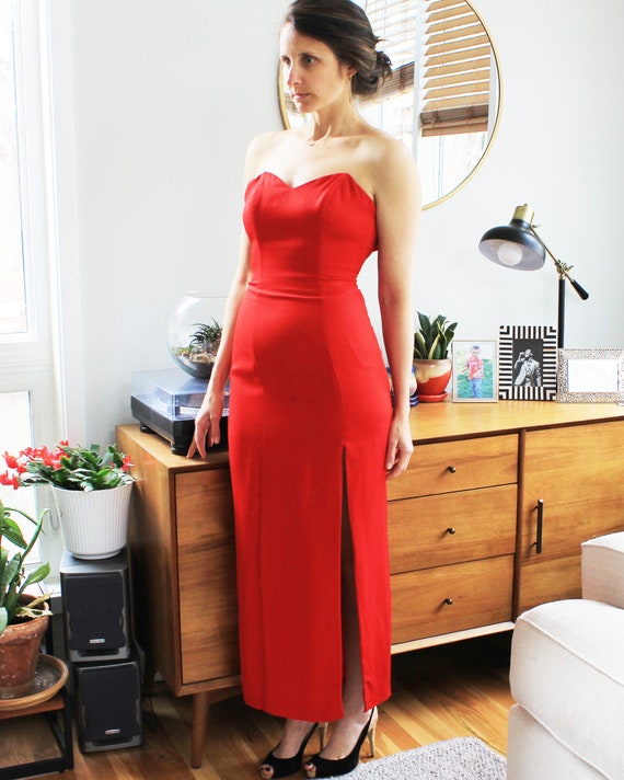 Vintage Red Strapless Gown | 90s Sexy High Slit D… - image 5