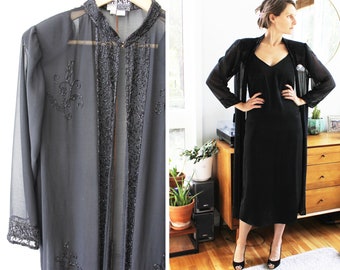 Vintage Beaded Sheer Black Silk Robe