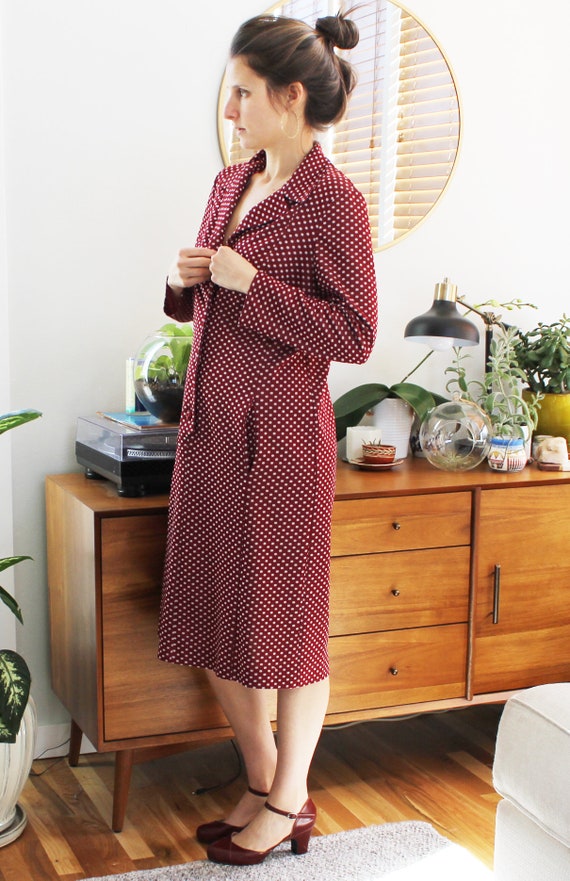 60s Burgundy Polka Dot Collared Shirt Dress - image 5