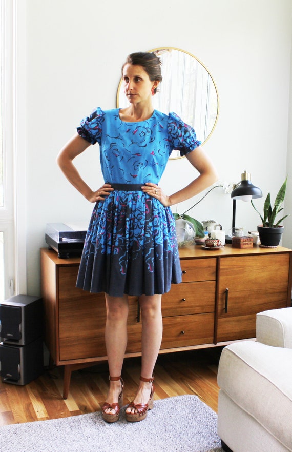 Cobalt Blue Puffy Sleeve Floral Dress - image 4