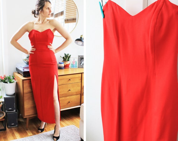 Vintage Red Strapless Gown | 90s Sexy High Slit D… - image 3
