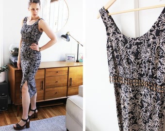 1990s All That Jazz Black Tan Floral Tank Dress | Vintage Midi Dress Size Medium
