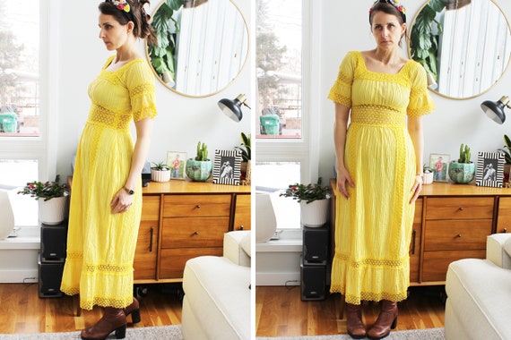 1970s Bright Yellow Pleated Crepe Crochet Midi Dr… - image 7