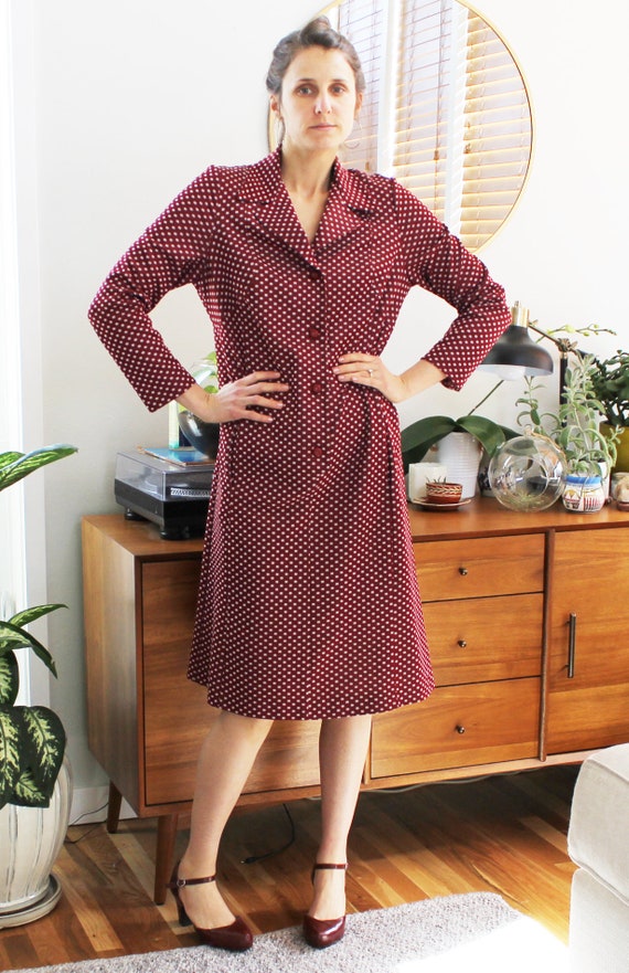 60s Burgundy Polka Dot Collared Shirt Dress - image 3