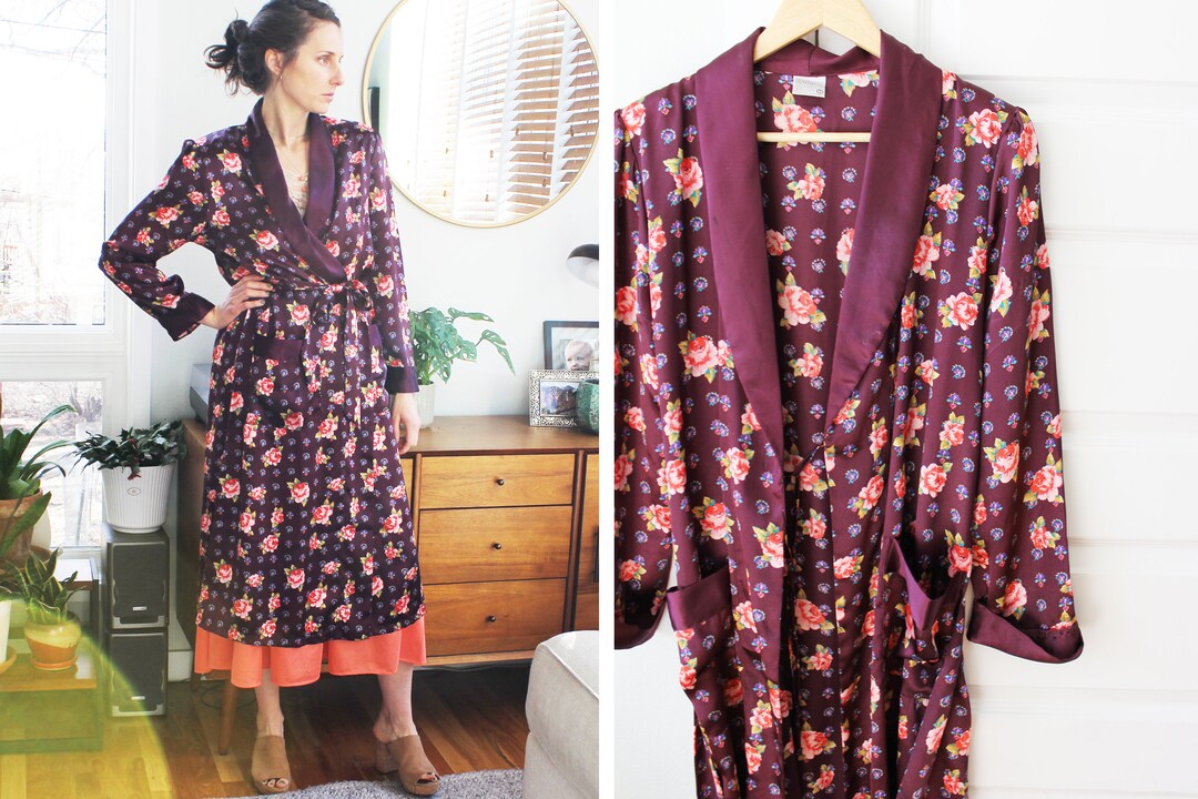 Vintage Silky 80s90s Rose Print Robe Etsy