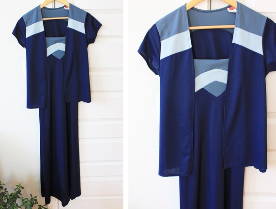 70s Navy Blue Spaghetti Strap Dress Set - image 6