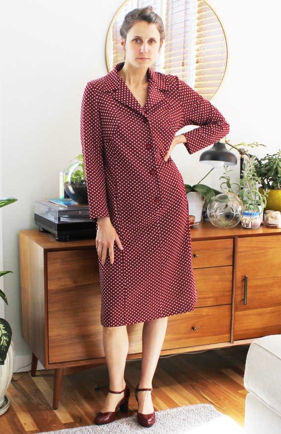 60s Burgundy Polka Dot Collared Shirt Dress - image 4