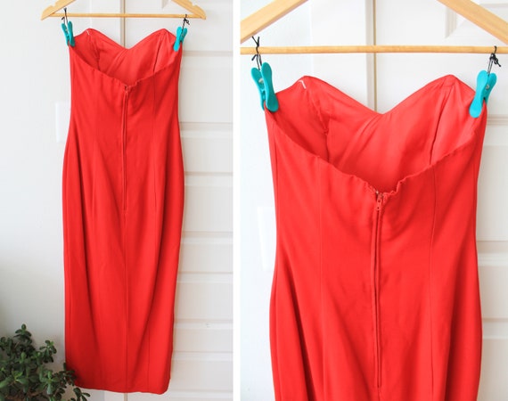 Vintage Red Strapless Gown | 90s Sexy High Slit D… - image 6