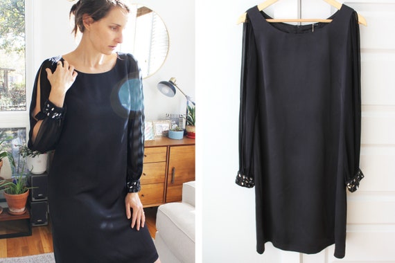 Vintage Sheer Sleeve Black Jeweled Shift Dress - image 8