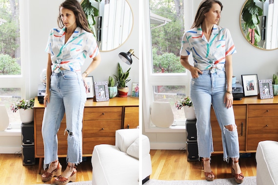 Retro Colorful Paint Stroke Button Down Top - image 1