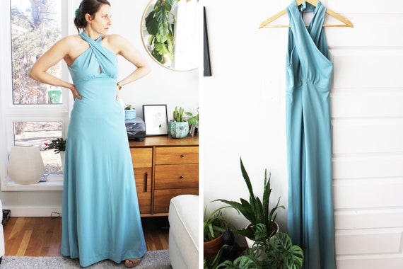 Vintage Teal 1970s Halter Gown - image 4