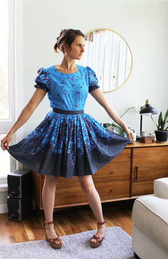 Cobalt Blue Puffy Sleeve Floral Dress - image 2