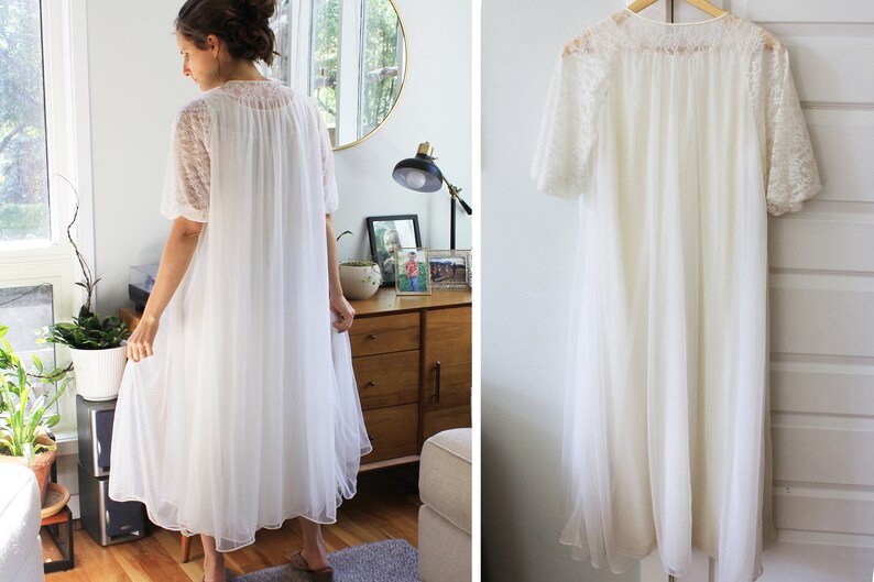 May include: A white, long, sheer nightgown with lace detailing on the sleeves and neckline. The nightgown is made of a lightweight fabric and has a flowing silhouette.
