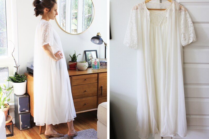May include: White lace robe with short sleeves and a V-neckline. The robe is made of a sheer fabric and has a flowing silhouette.