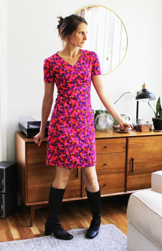 Day Glo floral 70s Mini Sheath Dress