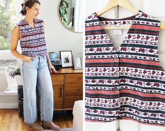 1990s Floral & Cherry Striped Jersey Vest