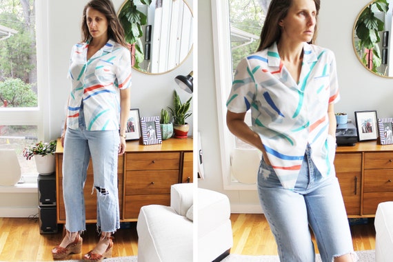 Retro Colorful Paint Stroke Button Down Top - image 3