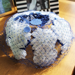 Vintage Blue & White Pillbox Hat with Netting and Flowers