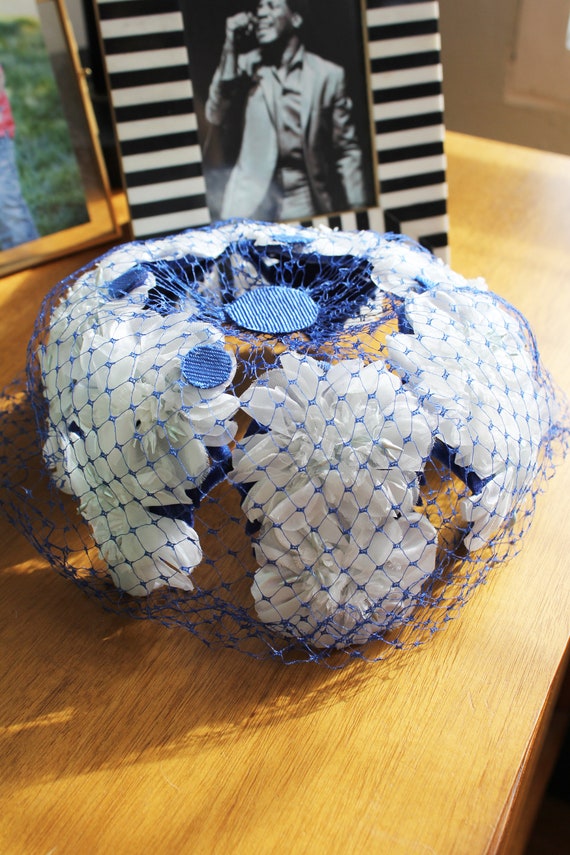 Vintage Blue & White Pillbox Hat with Netting and 