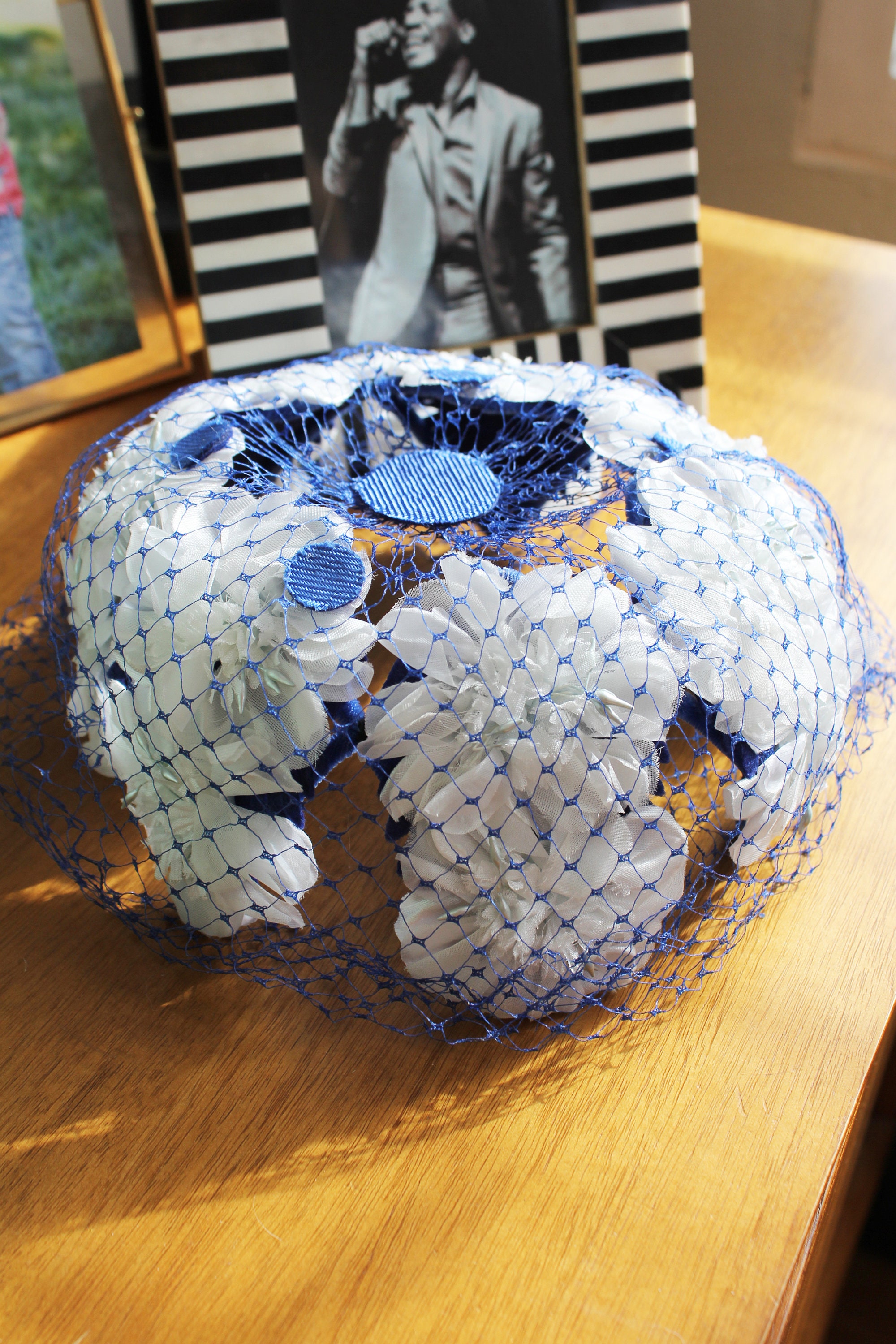 Vintage Blue & White Pillbox Hat With Netting and Flowers - Etsy display picture 1
